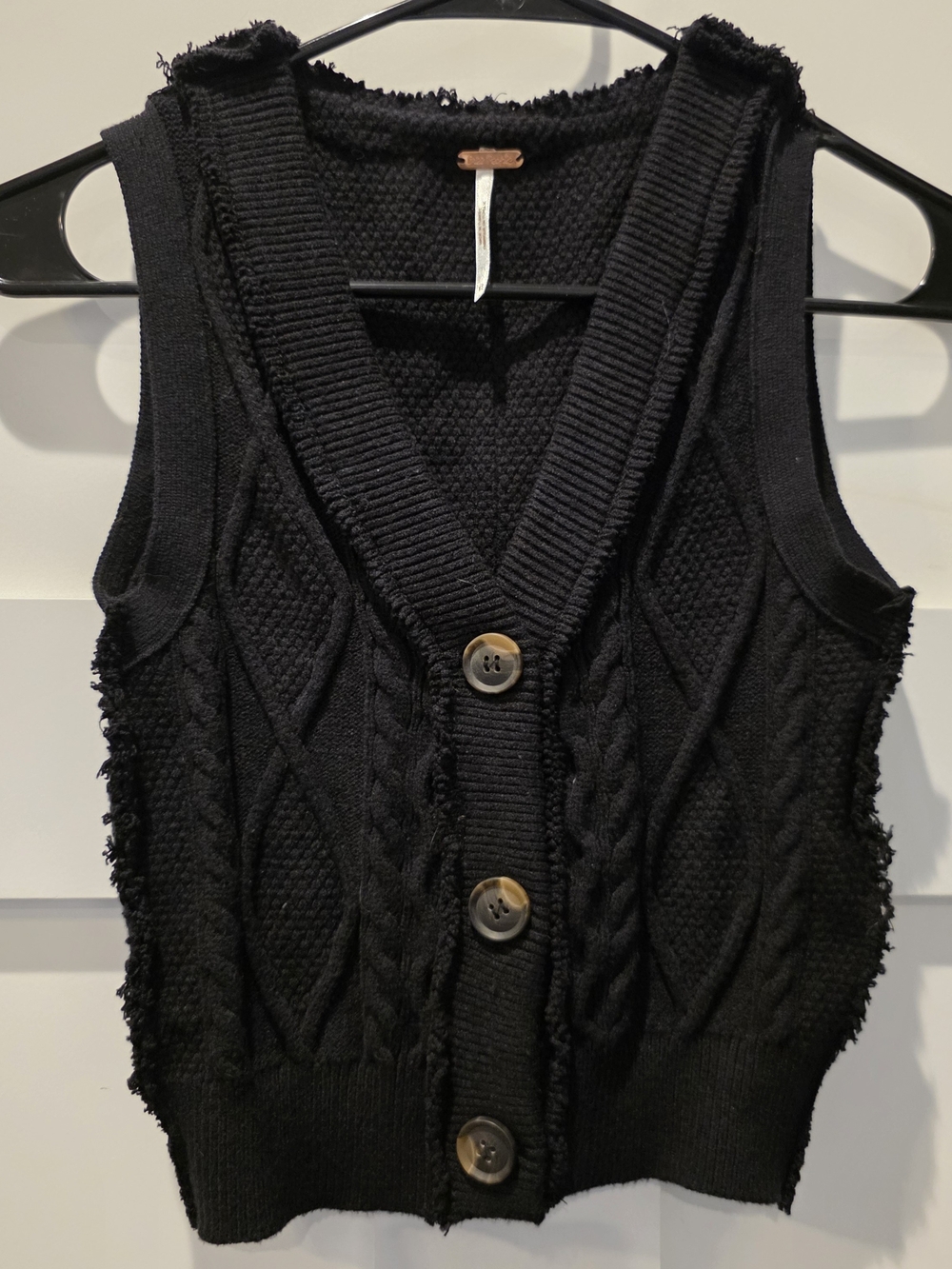 Free People Women Denson Cable Vest Black Cropped Size XS Frayed Distressed